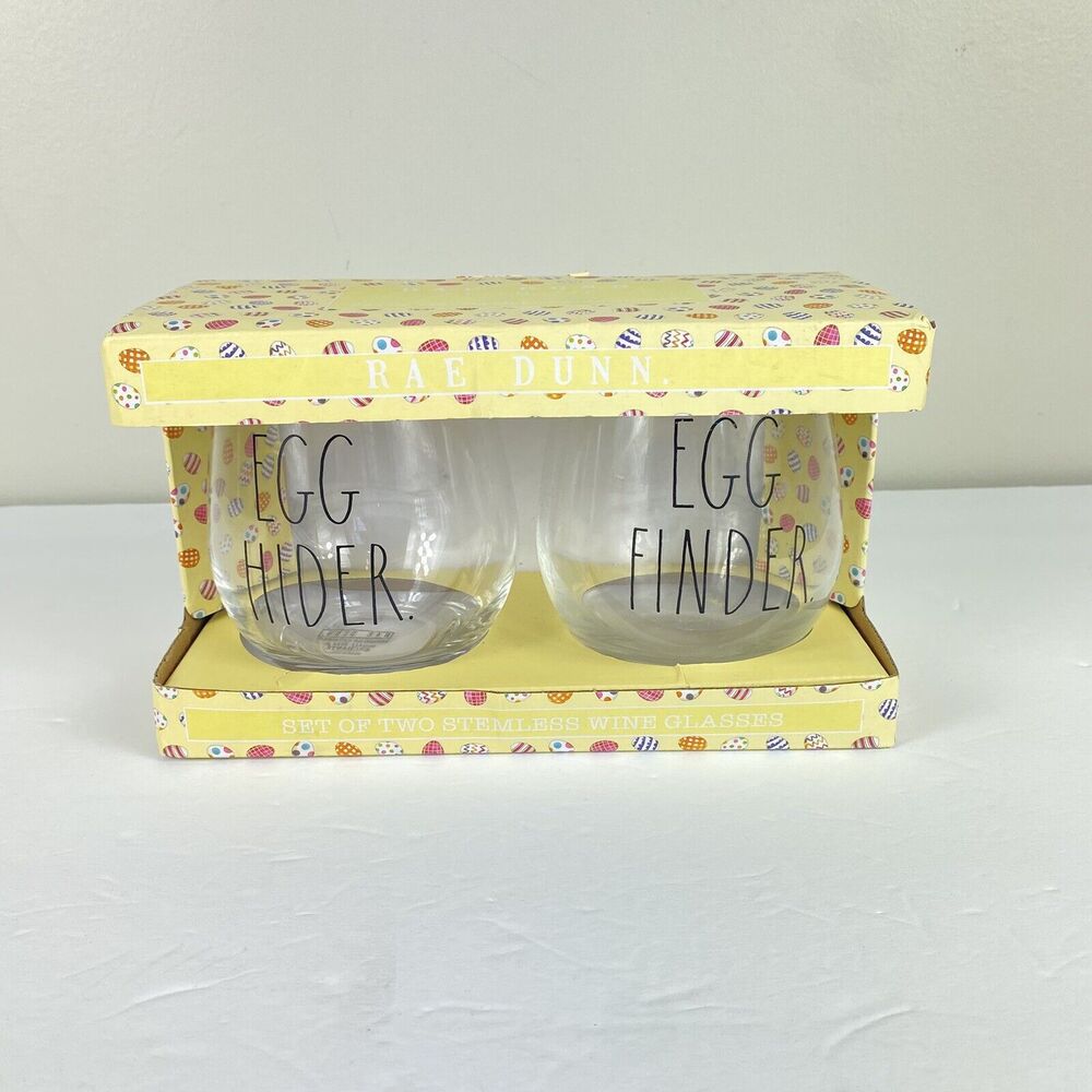 Rae Dunn EASTER Set of 2 Clear Stemless Wine Glasses New In Box - Picture 1 of 5